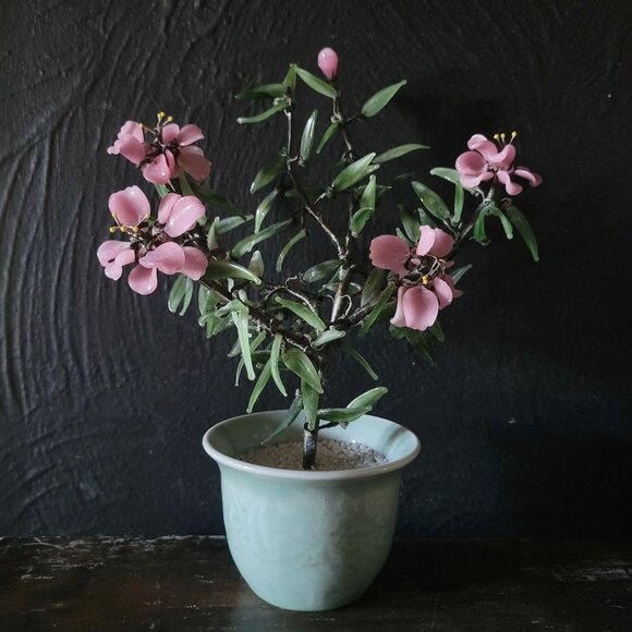 Vtg Jade Cherry Blossom Bonsai In Celadon Pot, Chinoiserie Flower, Asian Decor - Picture 1 of 7